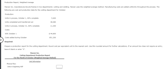 Production Report, Weighted Average Manzer Inc. manufactures bicycle frames in two departments: cutting and welding. Manzer u