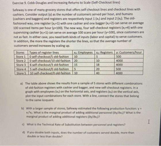 Exercise 9. Cobb-Douglas and increasing Returns to Scale (Self-Checkout lines) Safeway is one of many grocery stores that off