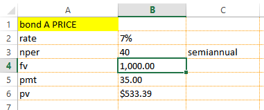 B semiannual 1 bond A PRICE 2 rate 3 nper 4 fv 5 pmt 6 pv 7% 40 1,000.00 35.00 $533.39