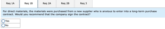 Req 1A Req 1B Req 2A Req 2B Req3 For direct materials, the materials were purchased from a new supplier who is anxious to ent