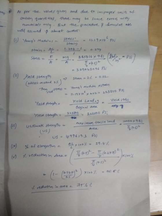 4贮As per-the values gnen and due如impfer units of Psi Ar 329。430,9 6 Bi ield yield Lood Original Avea any- max imum tonsile l