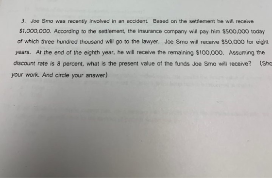 3. Joe Smo was recently involved in an accident. Based on the settlement he will receive $1,000,000. According to the settlem