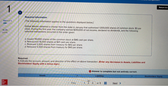 Return to Part 1 of 3 Required information The following information applies to the questions displayed below. Global Marine