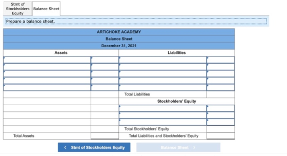 Stmt of Stockholders Balance Sheet Equity Prepare a balance sheet. BIG ARTICHOKE ACADEMY Balance Sheet December 31, 2021 Asse