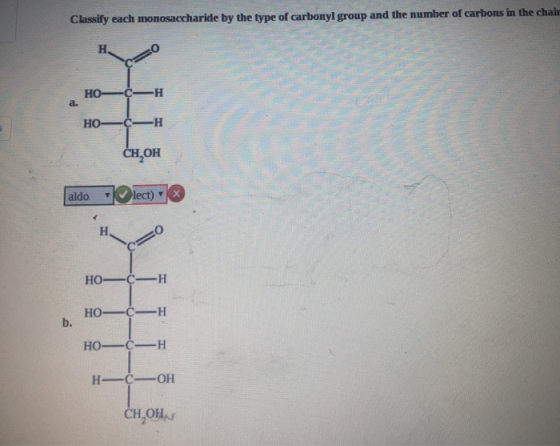 Classify each monosaccharide by the type of carbonyl group and the number of carbons in the chair - СН,ОН aldo. lect) HO- CH