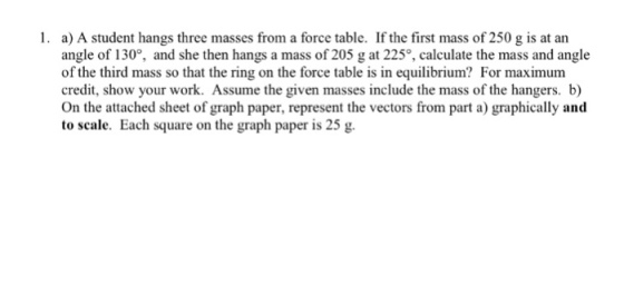 1. a) A student hangs three masses from a force table. If the first mass of 250 g is at an angle of 130°, and she then hangs a mass of 205 g at 225°, calculate the mass and angle of the third mass so that the ring on the force table is in equilibrium? For maximum credit, show your work. Assume the given masses include the mass of the hangers b) the attached sheet of graph paper, represent the vectors from part a graphically and to scale. Each square on the graph paper is 25 g