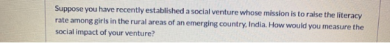 Suppose you have recently established a social venture whose mission is to raise the literacy rate among girls in the rural a