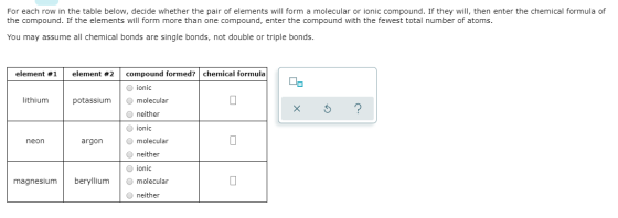 For each row in the table below, decide whether the pair of elements will form a molecular or ionic compound. If they will, t