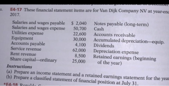 s. mor E4-17 These financial statement items are for Van Dijk Company NV at year-end 2017. Salaries and wages payable $ 2,040