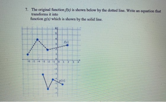 7. The original function f(x) is shown below by the dotted line. Write an equation that transforms it into function g(x) whic