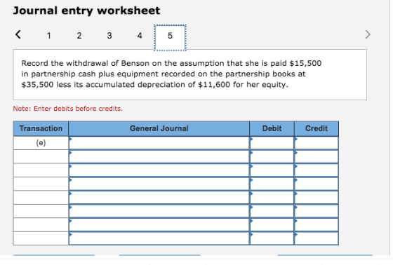 Journal entry worksheet < 1 2 3 4 5 Record the withdrawal of Benson on the assumption that she is paid $15,500 in partnership