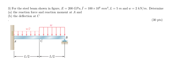 3) For the steel beam shown in figure, E = 200 GPa, 7 = 100 x 106 mm4, L = 5 m and w = 2 kN/m. Determine (a) the reaction for