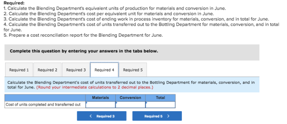 Required: 1. Calculate the Blending Departments equivalent units of production for materials and conversion in June. 2. Calc