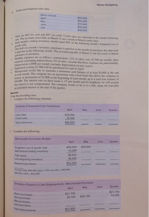 Master Budgeting Actual and budgeted sales data March lactua $50,000 $60,000 $72.000 590.000 $48.000 April May June. July Sal