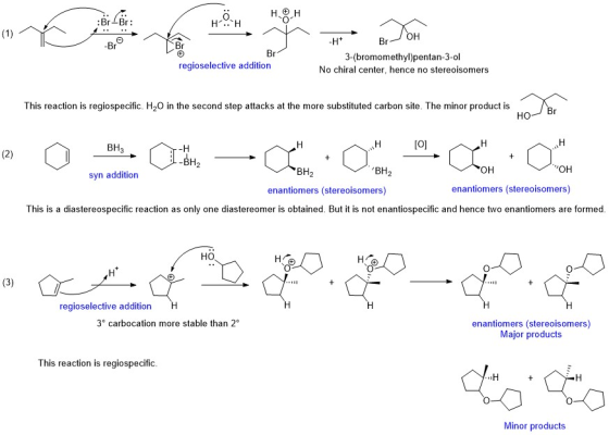 BrBr Br Br Br 3-(bromomethyl)pentan-3-ol No chiral center, hence no stereoisomers regioselective addition This reaction is regiospecific. H2O in the second step attacks at the more substituted carbon site. The minor product is BH3 BH2 BH2 OH ОН syn addition enantiomers (stereoisomers) enantiomers (stereoisomers) This is a diastereospecific reaction as only one diastereomer is obtained. But it is not enantiospecific and hence two enantiomers are formed но regioselective addition 3° carbocation more stable than 2 enantiomers (stereoisomers) Major products This reaction is regiospecific Minor products