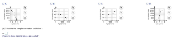 O A. O B. Ос. ○ D. 300 240 600 1500 3000 Age (years) 1500 3000 Age (yeara) Age (years) Age (years) (b) Calculate the sample correlation coefficient r Round to three decimal places as needed.)