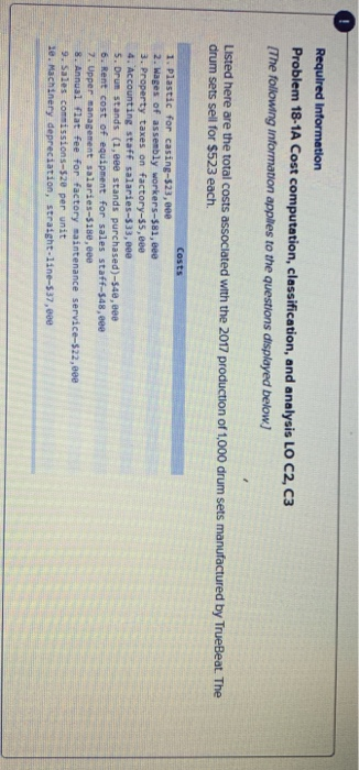 Required Information Problem 18-1A Cost computation, classification, and analysis LO C2, C3 [The following information applie