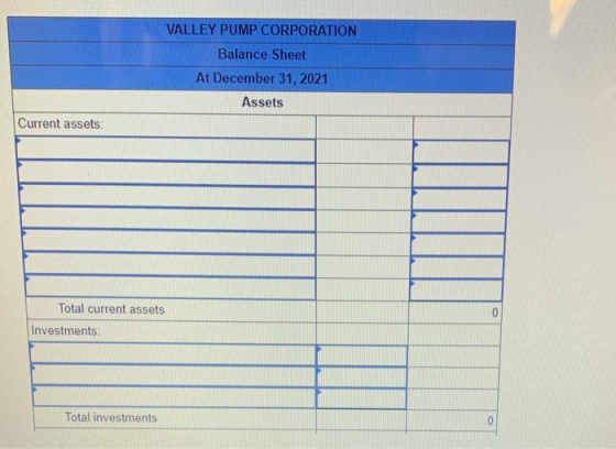 VALLEY PUMP CORPORATION Balance Sheet At December 31, 2021 Assets Current assets: Total current assets Investments Total inve
