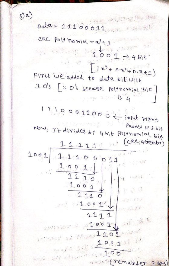 a) Data 1 11 oo o11 CRC Polt omiul3+1 1o o 1 4 bit n+0.+1 FiTst we adeled to data bit with 3 os 3 os because Poltnomial bit