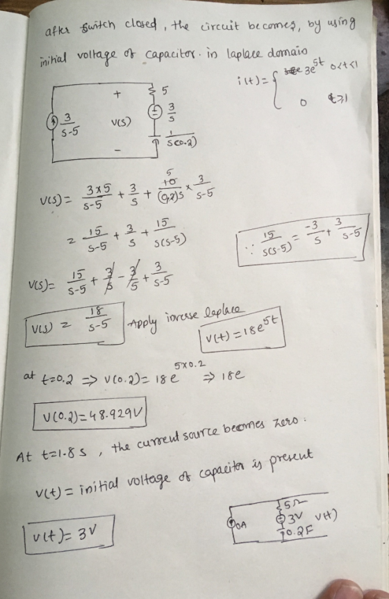 after switch closed, the circuit becomes, by using mirial voltage of capacitor. in Laplace domaio fe est ortal i(t)=f + vis)