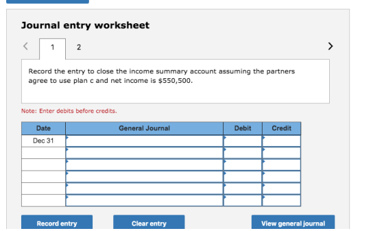 Journal entry worksheet Record the entry to close the income summary account assuming the partners agree to use plan c and ne