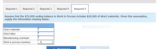 Required 1 Required 2 Required 3 Required 4 Required 5 Assume that the $70,000 ending balance in Work in Process includes $24,000 of direct materials. Given this assumption, supply the information missing belovw Direct materials Direct labor Manufacturing overhead Work in process inventory 0
