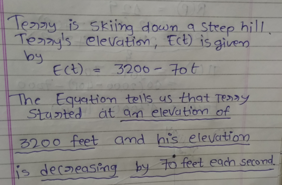 Terny is skiing down a Steep hill. Teggys elevation, Ech) is given by Ect) = 3200-70t in The Equation tells us that Terry St