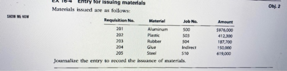 Obj. 2 SHOW ME HOW Amount try for issuing materials Materials issued are as follows: Requisition No. Material Job No. 201 Alu