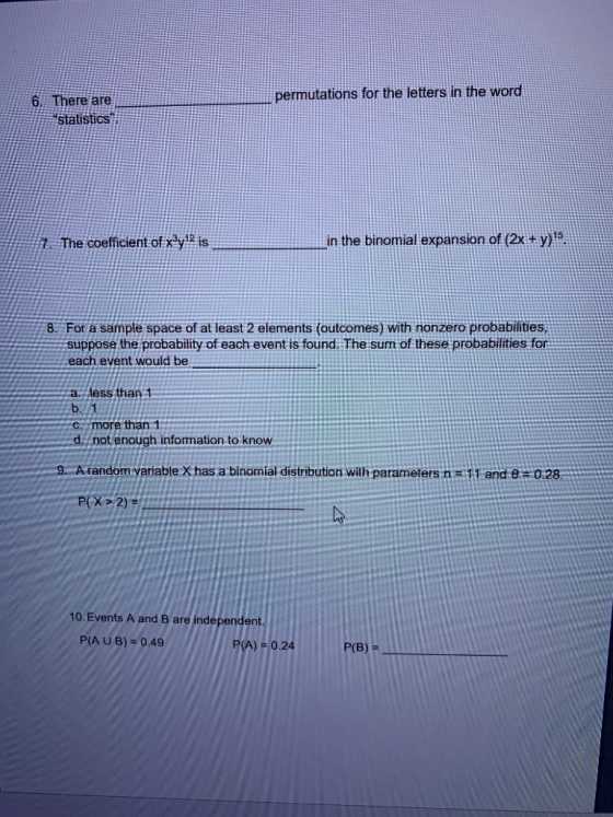 permutations for the letters in the word 6. There are statistics 7. The coefficient of xy12 is in the binomial expansion of