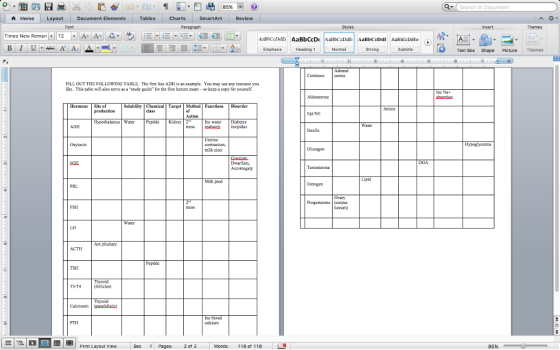 85% Search in Document ?Home Layout Document Elements Tables Charts | SmartArt Review Font Times New Roman12A Aa DdE AaBbCeDd AaB bCcDdEe EmphasisHeading Normal Text Box Snape Picture Themes Cortisonacortx FILL OUT THE FOLLOWING TABLE. The first line ADH is an example. You may use any resource you like. This table will also serve as a stady guide for the first lecture exam- so keop a copy for yourscif. Inc Na- Hormone Site o Solubility ChemicalTarget Method FunctionsDisorder Ep/NE Hypothalamus Water Pepide Kisncy nc water Disbctes mess ins pidus ADH Insulin milk cject Testosteronc Mik prod PRI Progesterone corpus FSH LH Art pituitary ACTH Peptide TSI T3/T4 PTI Print Layout ViewSec Pages: 2 ot 2 Words: 118 ot 118 E