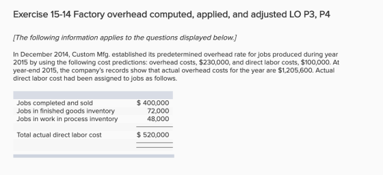 Exercise 15-14 Factory overhead computed, applied, and adjusted LO P3, P4 [The following information applies to the questions