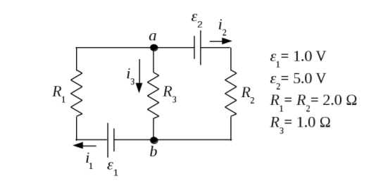 2 ε = 1.0 V e,= 5.0 V R=R=2.0 Ω R = 1.0 Ω R2
