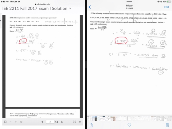 8-39 PM Thu Jan 24 ?@ 19%ED Friday 9 26 AM Edit ISE 2211 Fall 2017 Exam I Solution D The following numbers are actual mensured output 0.316, 0.398, a4 0 Compute the sample mean, sample variance, sampl of an audio amplifier in RM8-volts ( sad, 0.560, 0.596, 0.632 040, 0714.0.768, 0810, 0868 0932 083, 1.170 devintion, and sample range. Include a unit wich esch anawer Compete the mple nean. aple veriante, ttple standard drnation, and p4e range Include . Hint -2.5 /. Sル and bin width approprinbely