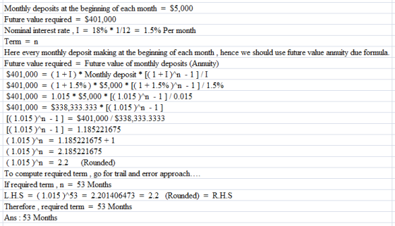 Monthly deposits at the beginning of each month - S5,000 Future value required = $401,000 Nominal interest rate. I 18% * 1/12-1.5% Per month Term-n Here every monthly deposit making at the beginning of each month , hence we should use future value annuity due formula. Future value required Future value of monthly deposits (Annuity) $401,000 ( 1 +1 ) * Monthly, deposit * [( 1 +1Yn-1]/1 $401,000-(1+1.5% ) * $5,000 * [( 1 +1.5% ) n-1J/1.5% $401,000 = 1.015 * $5,000 * [( 1.015) n-1 ] / 0.015 401,000-$338,333.333 * [(1.015 n -1] [(1.015 n -1]-S401,000 /S338,333.3333 [(1.015 n -1]- 1.185221675 1.015 n - 1.185221675 +1 (1.015 Fn - 2.185221675 (1.015 n22 (Rounded) To compute required term , go for trail and error approach. If required term , n 53 Months L.H.S= (1.015)^53= 2.201406473= 2.2 (Rounded) = R.H.S Therefore , required term -53 Months Ans: 53 Months