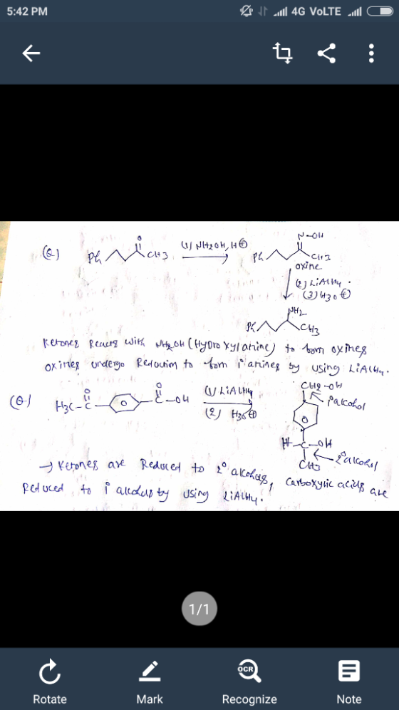 5:42 PM ا ل ال 4G VoLTE الا L t : NOH 4/ NITOH, H6 PL 1 Cita oxine I EJLi Ally : PHA BMcHz Ketones Reacts with Witq OH (Hydro