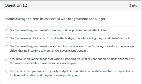 Question 12 1 pts Should average citizens be concerned with the governments budget? No, because the governments spending an