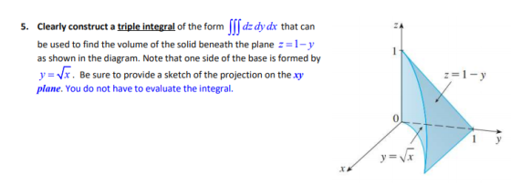 ZA 5. Clearly construct a triple integral of the form $SS dz dy dx that can be used to find the volume of the solid beneath t