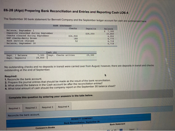 E6-28 (Algo) Preparing Bank Reconciliation and Entries and Reporting Cash L06-4 The September 30 bank statement for Bennett C