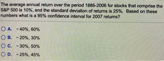 The average annual return over the period 1886-2006 for stocks that comprise the S&P 500 is 10%, and the standard deviation o