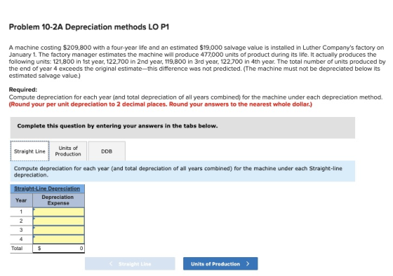 Problem 10-2A Depreciation methods LO P1 A machine costing $209,800 with a four-year life and an estimated $19,000 salvage va