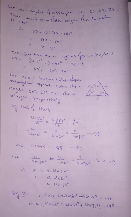 the angles Since is 180° total sum of a triangle be sx, 60, 72 the angle of a triangle sxt 6x+ 7x=180° 37 18x = 180° x= 10° T
