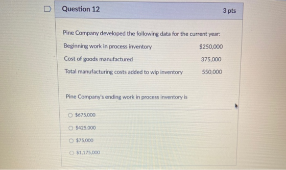 Question 12 3 pts Pine Company developed the following data for the current year: Beginning work in process inventory $250,00