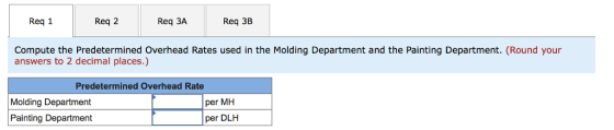 Req 1 Req 2 Req 3A Req 3B Compute the Predetermined Overhead Rates used in the Molding Department and the Painting Department. (Round your answers to 2 decimal places.) Predetermined Overhead Rate Molding Department Painting Department per MH per DLH