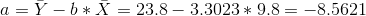 a=\bar{Y}-b*\bar{X}=23.8-3.3023*9.8=-8.5621