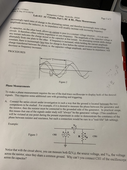 99 . O rien D. Day07/10 HEFW Montgomery College - Rockville- Lab 13 AC Circuits, Part 1, RC & RL, Phase Measurements 262 Page