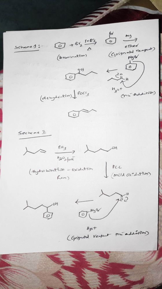 bod - Schemes: o By, (bromination) ether (Grignadd reagent) Mgh nination) (denydration I Pocis He+ ni Addition) Secheme I BH3