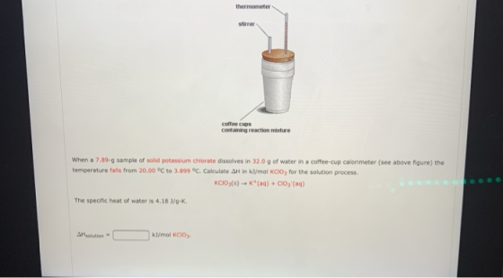 thermometer coffee cups containing reaction mixture When a 7.89-9 sample of solid potassium chlorate dissolves in 32.0 g of w