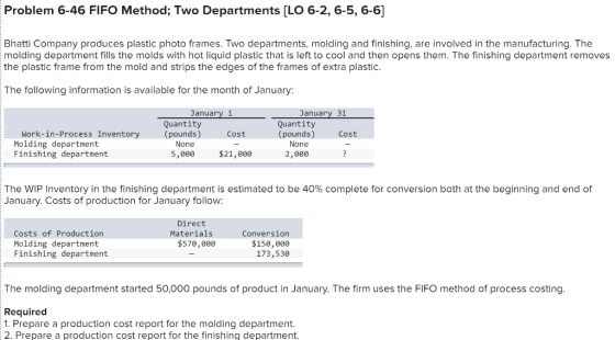Problem 6-46 FIFO Method; Two Departments [LO 6-2, 6-5, 6-6] Bhatti Company produces plastic photo frames. Two departments, m