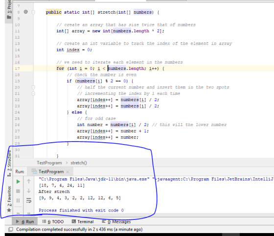 1: Proje public static int[] stretch(int[] numbers) { // create an array that has size twice that of numbers int[] array = ne