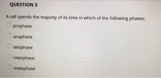 QUESTION 3 A cell spends the majority of its time in which of the following phases: prophase anaphase telophase interphase me